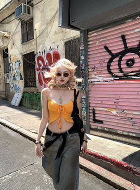 Thas9i九亿 落日橙光 V领绑带露脐吊带背心高弹收腰短款显瘦上衣