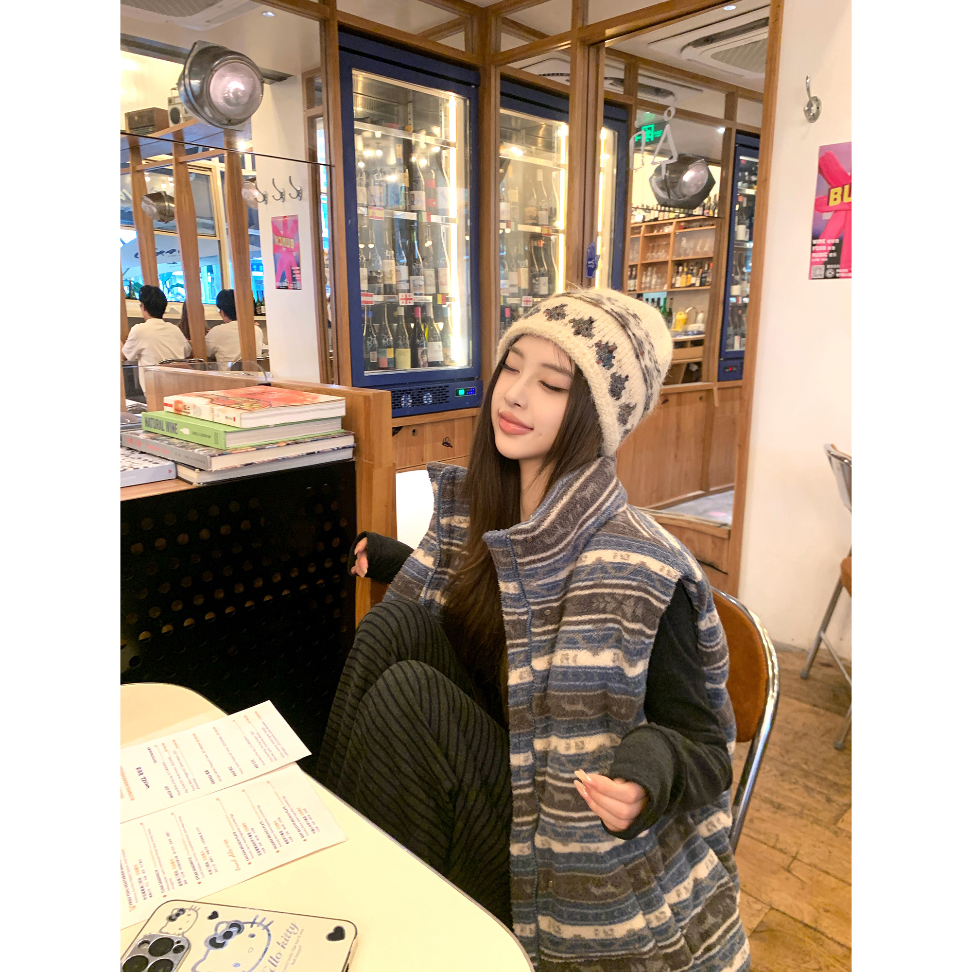 Thas9i九亿 费尔岛条纹羊羔毛马甲外套女休闲宽松保暖毛毛上衣