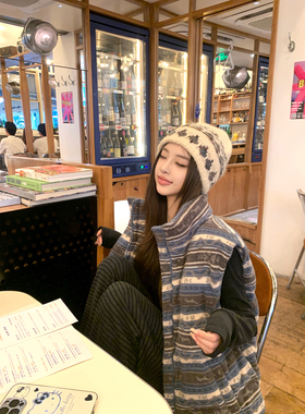 Thas9i九亿 费尔岛条纹羊羔毛马甲外套女休闲宽松保暖毛毛上衣