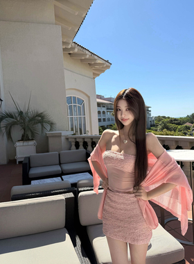 Thas9i九亿灯笼袖宽松麻感微透开衫褶皱肌理网纱拼接抹胸上衣套装