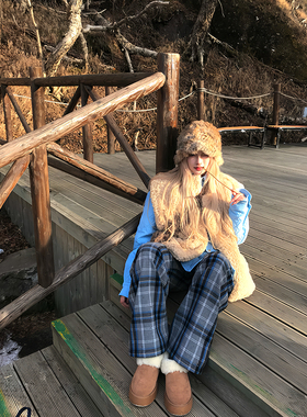 Thas9i九亿 格纹收藏家 慵懒低腰毛呢阔腿裤女百搭直筒格子长裤