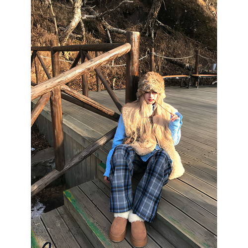 Thas9i九亿低腰直筒格子长裤