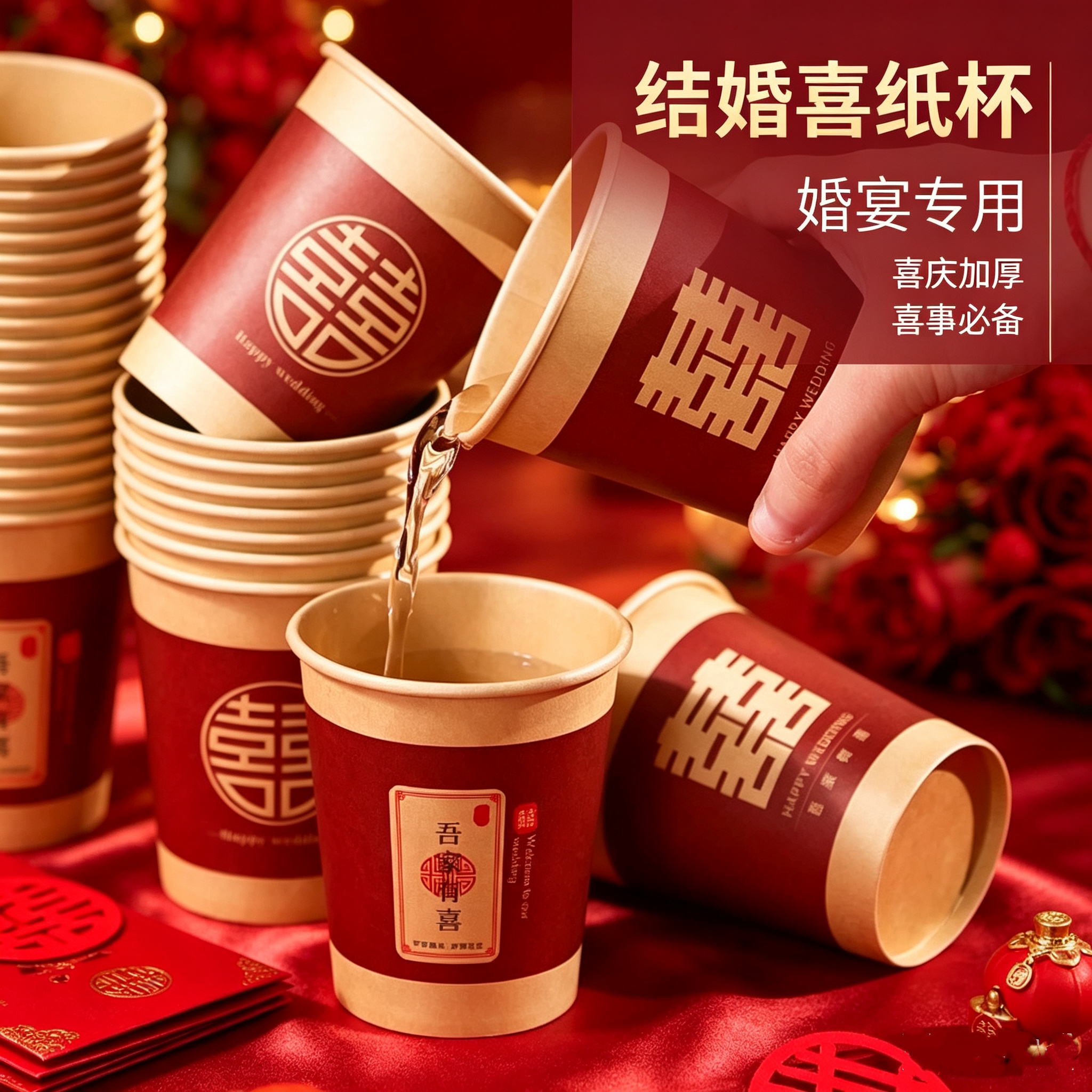 婚礼敬茶一次性红喜字纸杯