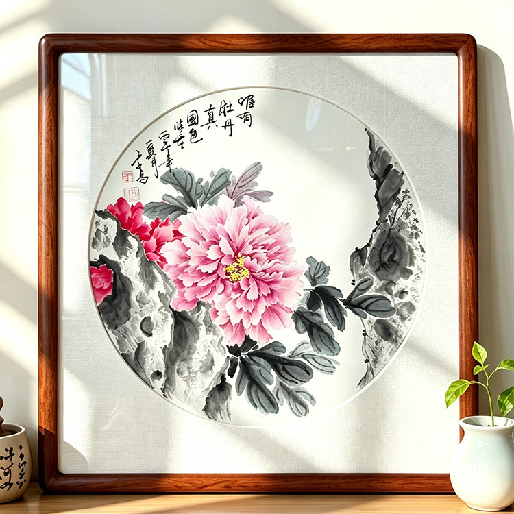 纯手绘国画牡丹真迹玄关装饰画客厅挂画书房画餐厅画水墨画实木框