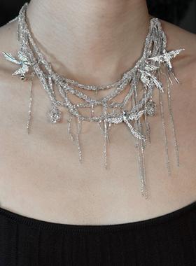 東黑三白/ 鸟于林间自在啼 s930纯银原创设计中式步摇流苏女项链