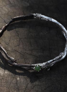 東黑三白/ 青竹通幽处 s930纯银原创玉石百搭竹节简约闭口手镯