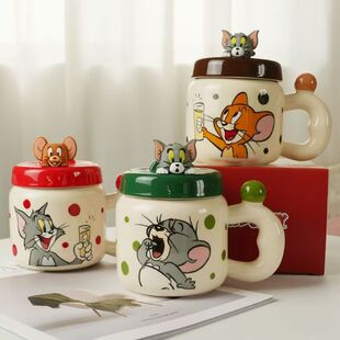 正版猫和老鼠马克杯带手机支架盖子陶瓷杯女生日礼物情侣水杯家用