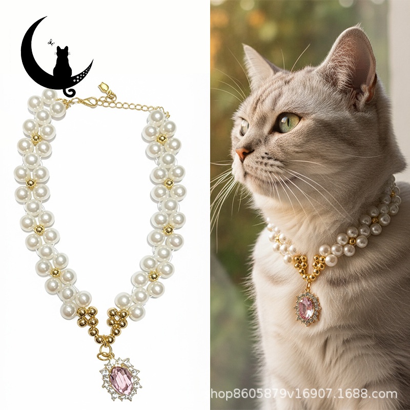 手工宠物项链狗狗项圈猫咪珍珠复古爱心水晶吊坠泰迪比熊可爱脖圈