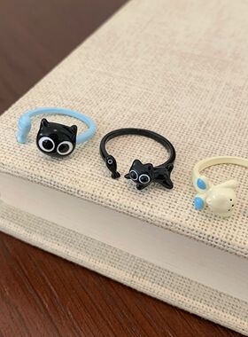 卡通滴油可爱黑色猫咪小鱼开口戒指女设计感个性可调节学生手饰