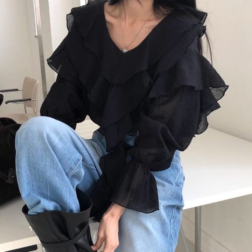 叠层金鱼荷叶边甜美百搭衬衫