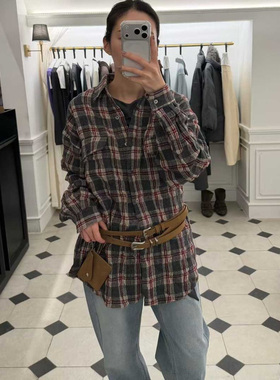 闪闪家 韩国东大门代购ETER褶皱磨毛休闲时髦格纹衬衫