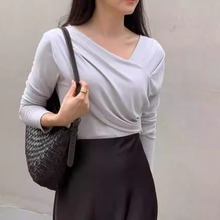 闪闪家 韩国东大门代购ANDYOUBROWN弹力舒适不对称气质长袖t