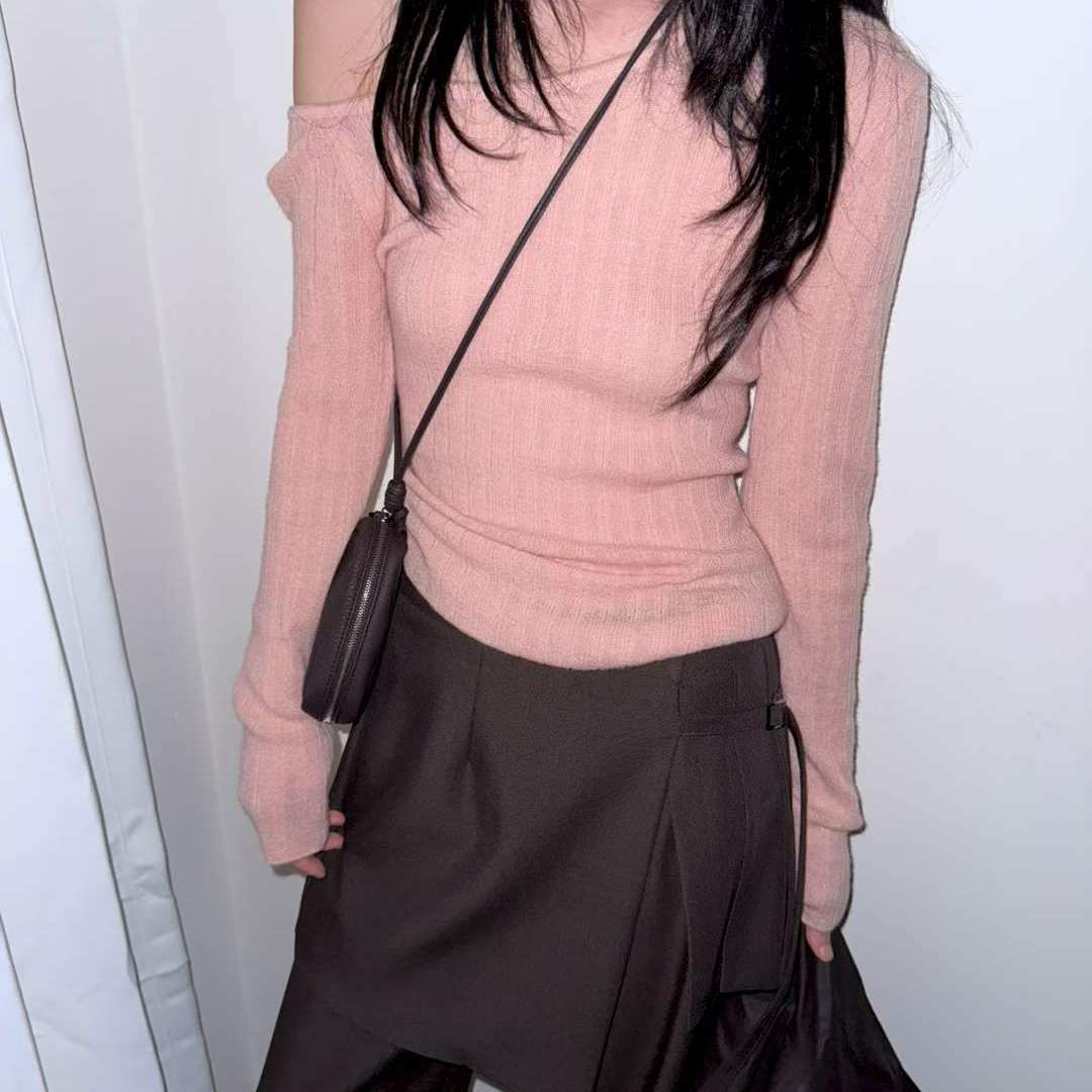 现货韩国代购露肩绑带薄针织上衣