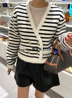 现货blingbling韩国东大门代购COURGETTE拼色条纹海军风针织开衫