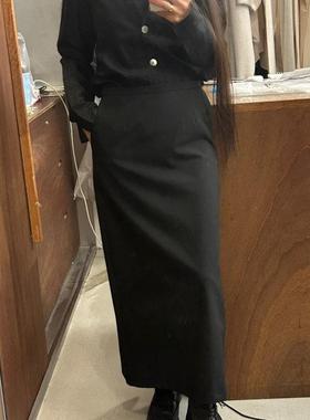 现货 闪闪家 韩国东大门代购AUTOMNE/HEHR简约后开叉黑色直筒半裙
