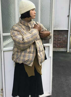 闪闪家 韩国东大门代购SELF SERVICE休闲立领格纹时尚羽绒服