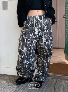 闪闪家 韩国东大门代购VAULT时髦迷彩印花系带休闲工装裤