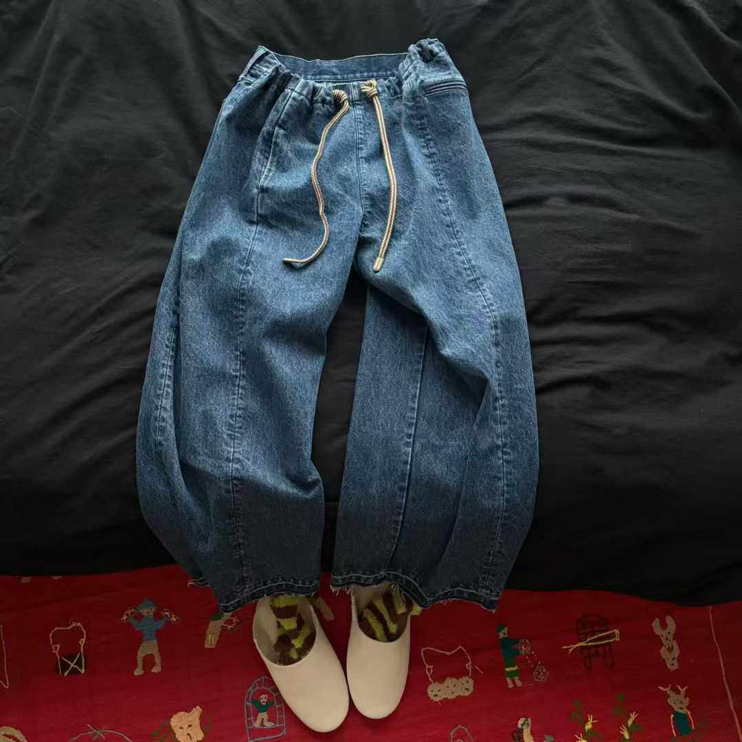 闪闪家 韩国东大门代购DOHWAJI拼接设计系带休闲牛仔裤