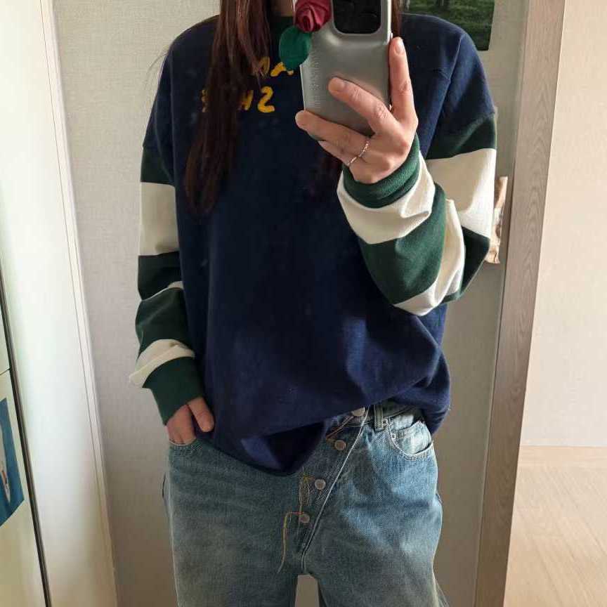 DOHWAJI拼色条纹亮色舒适长袖t