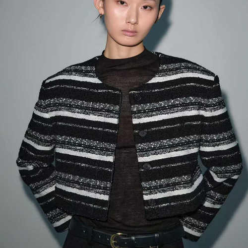 BLOSSOM粗花呢拼色时髦短夹克