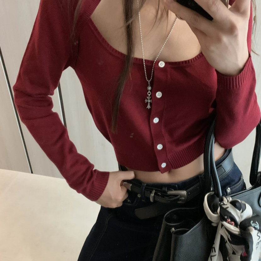 现货东大门代购拼接假两件针织衫