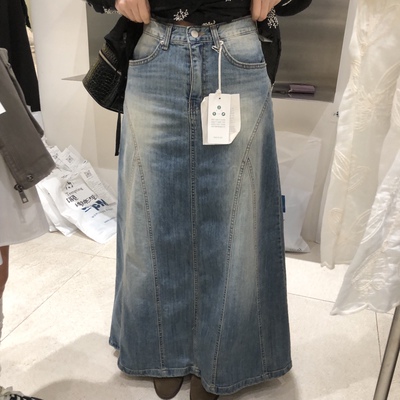 TEMPTING水洗磨白时髦长款牛仔裙