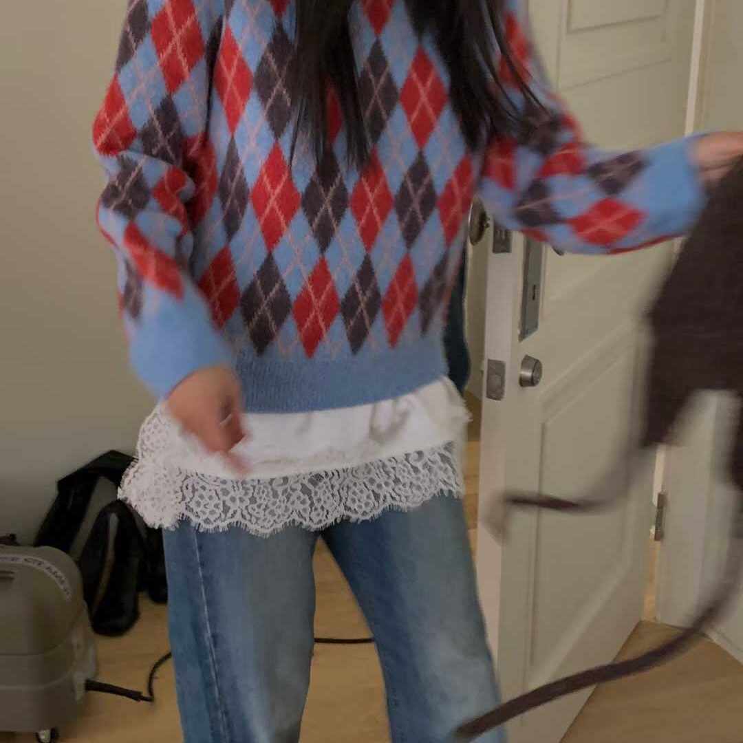 REPELLER拼色菱格纹学院风针织衫