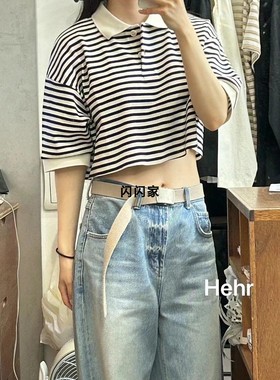 现货 闪闪家 韩国东大门代购AUTOMNE/HEHR学院风POLO条纹露腰T