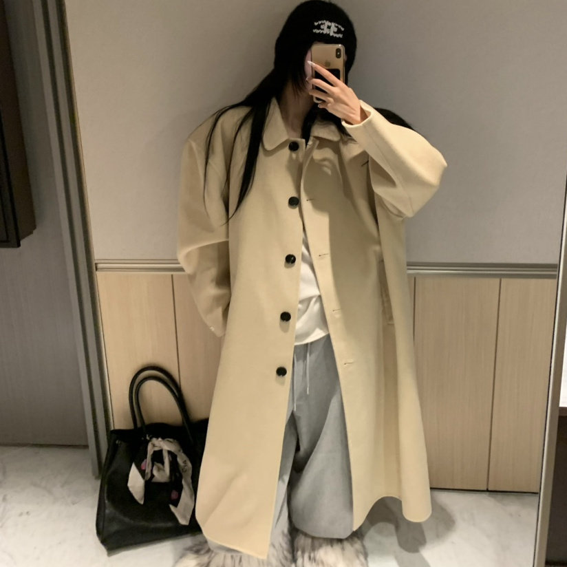 VIRKIN羊毛呢廓形肩系扣大衣