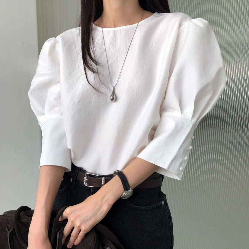韩国代购泡泡袖气质气场衬衫