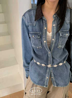 闪闪家 韩国东大门代购VAULT拼色翻领时髦显瘦牛仔夹克