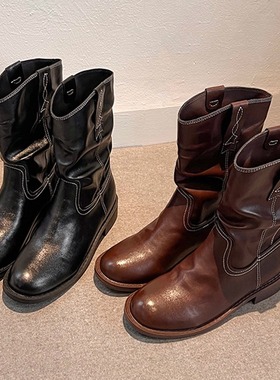 牛皮版~美式复古真皮圆头粗跟西部牛仔短靴女百搭舒适机车马丁靴