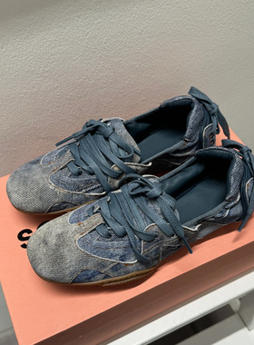 羊皮版~复古牛仔芭蕾舞鞋系带褶皱德训鞋女一脚蹬平底单鞋休闲鞋