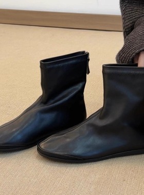 羊皮版~时尚百搭圆头平底后拉链短筒显瘦黑色马丁靴女百搭瘦瘦靴