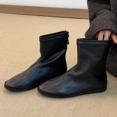 羊皮版~时尚百搭圆头平底后拉链短筒显瘦黑色马丁靴女百搭瘦瘦靴