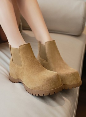 牛皮版~复古内增高切尔西靴女磨砂皮烟筒粗跟短靴子女厚底马丁靴