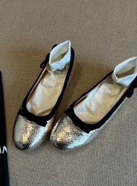 羊皮版~2025新蛇纹真皮单鞋小众法式女款牛皮版圆头女鞋芭蕾舞鞋