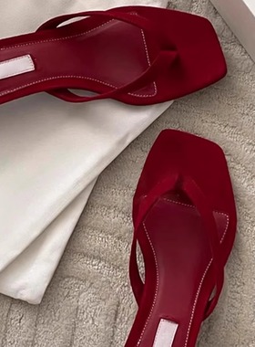 羊皮版~方头夹趾人字拖鞋女2025新款百搭细跟夹脚凉拖露趾凉鞋女