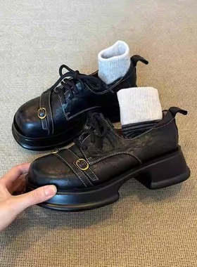 牛皮版~厚底大头金属带百搭乐福鞋女英伦风小个子增高系带小皮鞋