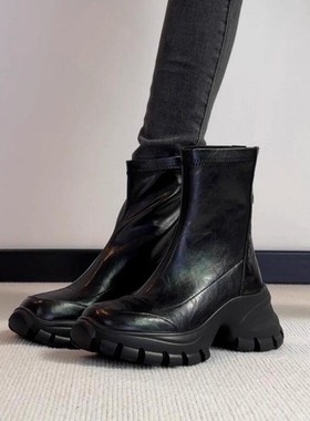 牛皮版~厚底增高马丁靴女2025新款英伦风黑色百搭短靴弹力瘦瘦靴