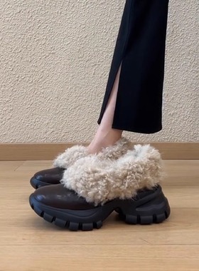 羊皮版~厚底小个子时尚通勤毛毛鞋女一脚蹬舒适百搭休闲棉鞋单鞋