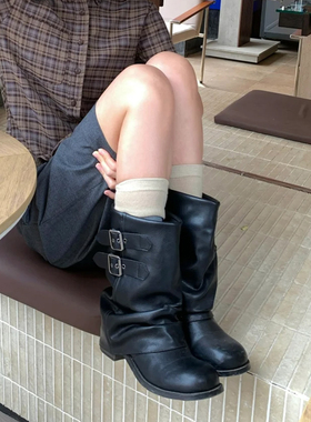 牛皮版~褶皱堆堆靴女黑色美拉德中筒靴厚底西部靴机车靴子马丁靴