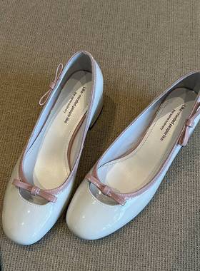 牛皮版~法式小香风拼色蝴蝶结玛丽珍鞋女圆头粗跟5CM增高浅口单鞋