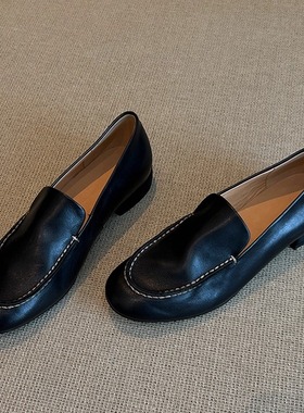 牛皮版~复古圆头车缝线浅口单鞋平底乐福鞋女百搭通勤黑色一脚蹬