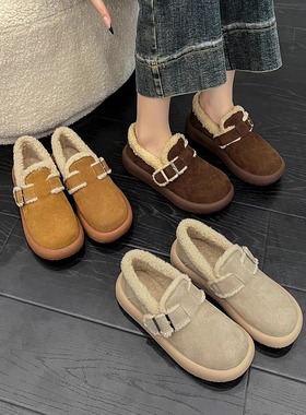 牛反绒~保暖加绒厚底毛毛勃肯雪地靴女冬季新款保暖一脚蹬棉鞋女