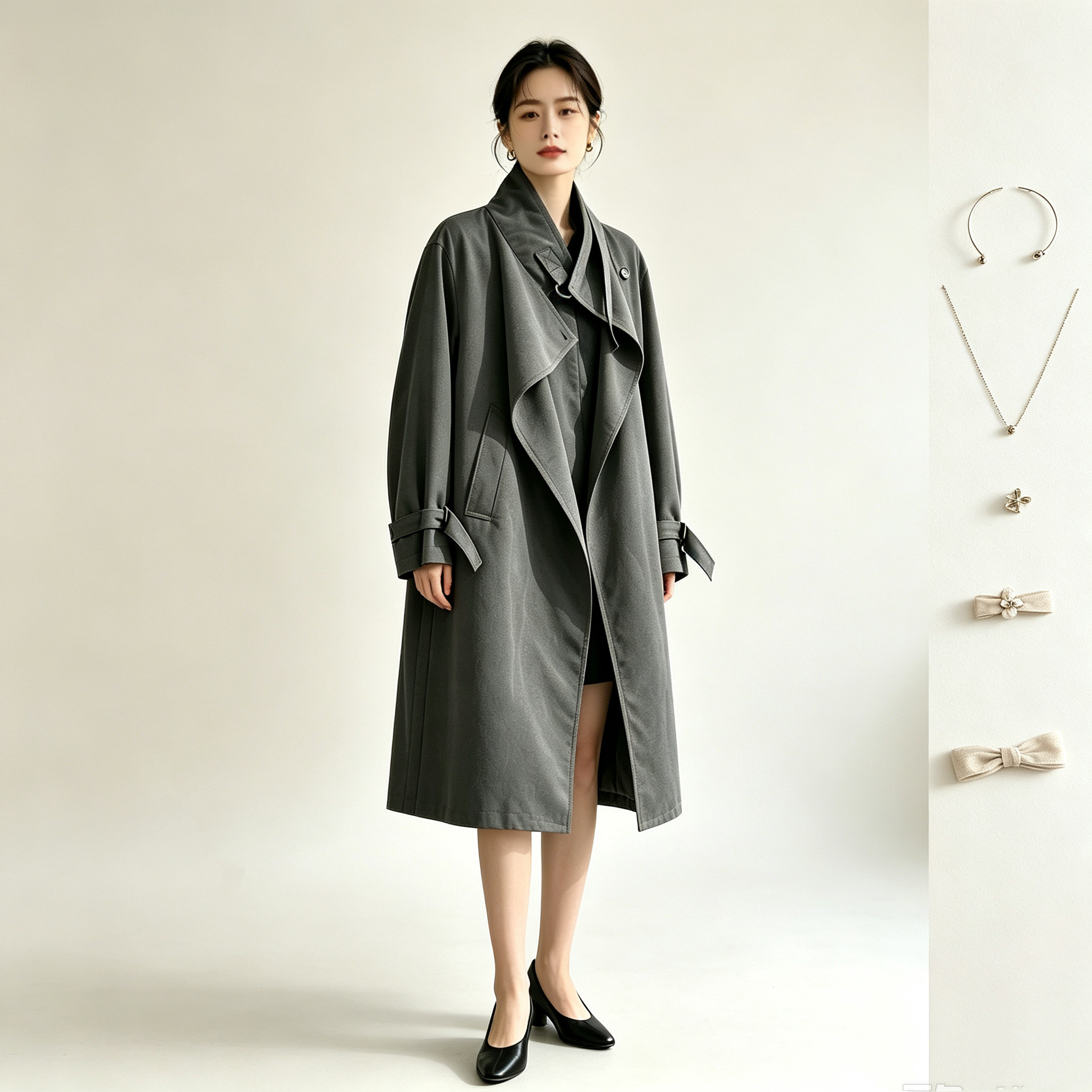 品牌设计感灰色廓形风衣女 秋季宽松大翻领中长款休闲外套