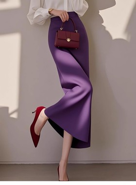 紫色缎面半身裙2025春季新款独特超好看高腰显瘦休闲a字包臀裙子