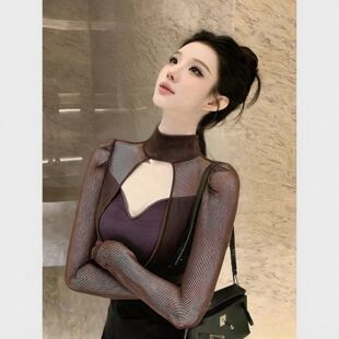 竹签条亮丝纱网镂空微透长袖2026春秋新款打底衫洋气内搭外穿上衣