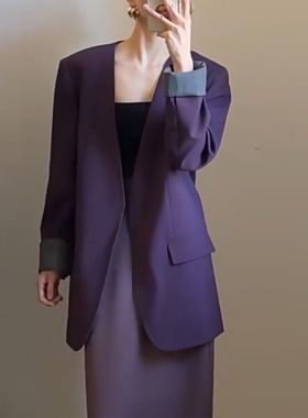 2025年新款超火爆款春装搭配一整套职业休闲紫色西装外套套装裙女