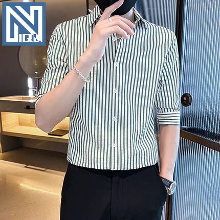 夏季条纹中袖衬衫男潮牌新款男装七分袖上衣服高级感痞帅休闲衬衣